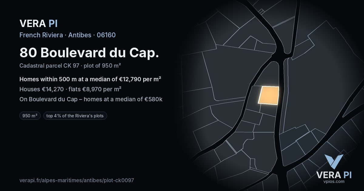 80 Boulevard du Cap, Antibes at night – the plot lit, the parcels around coloured by the prices near them