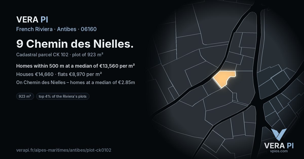 9 Chemin des Nielles, Antibes at night – the plot lit, the parcels around coloured by the prices near them