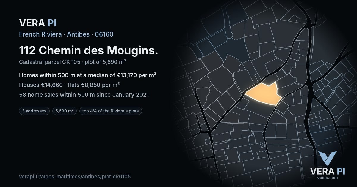 112 Chemin des Mougins, Antibes at night – the plot lit, the parcels around coloured by the prices near them