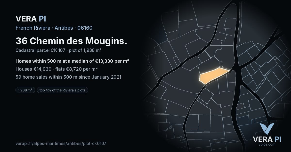 36 Chemin des Mougins, Antibes at night – the plot lit, the parcels around coloured by the prices near them