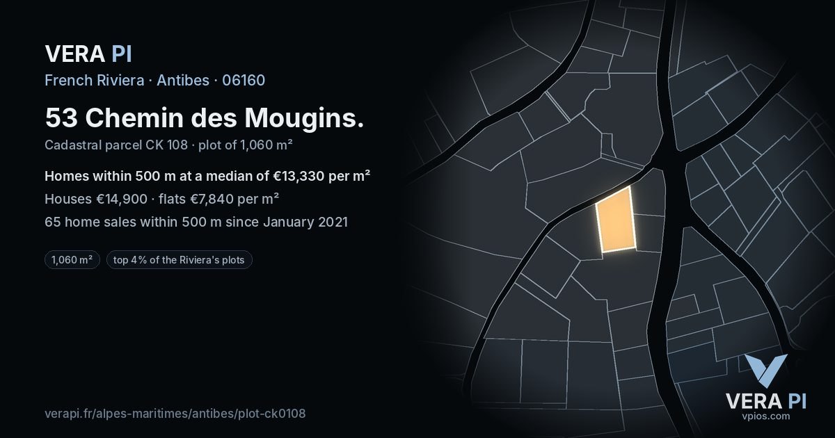 53 Chemin des Mougins, Antibes at night – the plot lit, the parcels around coloured by the prices near them