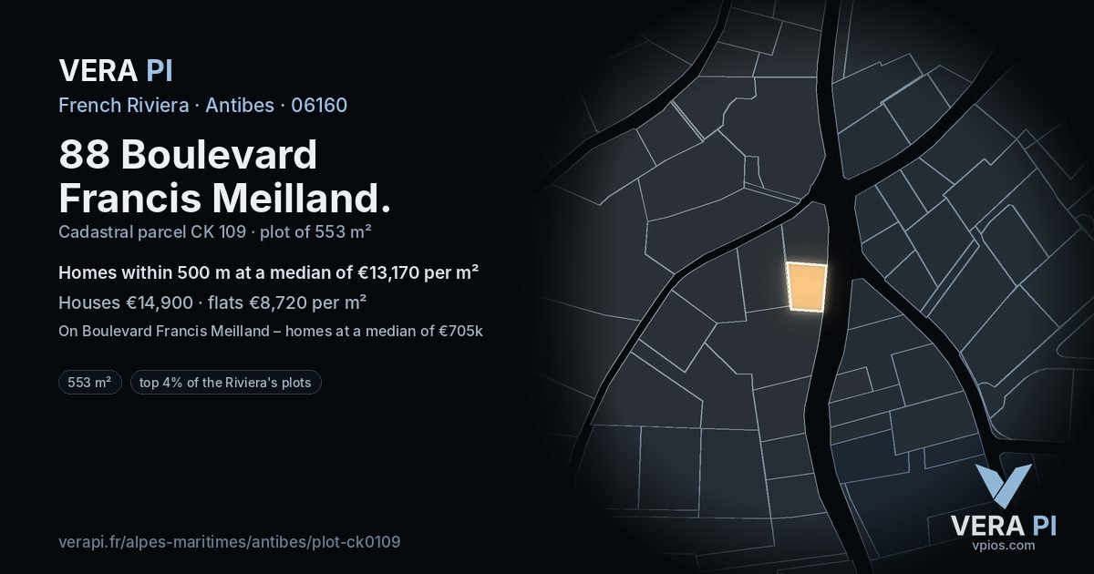 88 Boulevard Francis Meilland, Antibes at night – the plot lit, the parcels around coloured by the prices near them