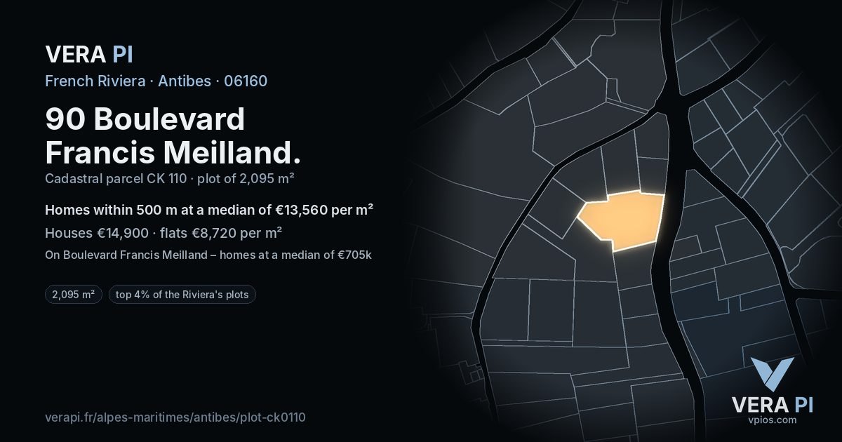 90 Boulevard Francis Meilland, Antibes at night – the plot lit, the parcels around coloured by the prices near them