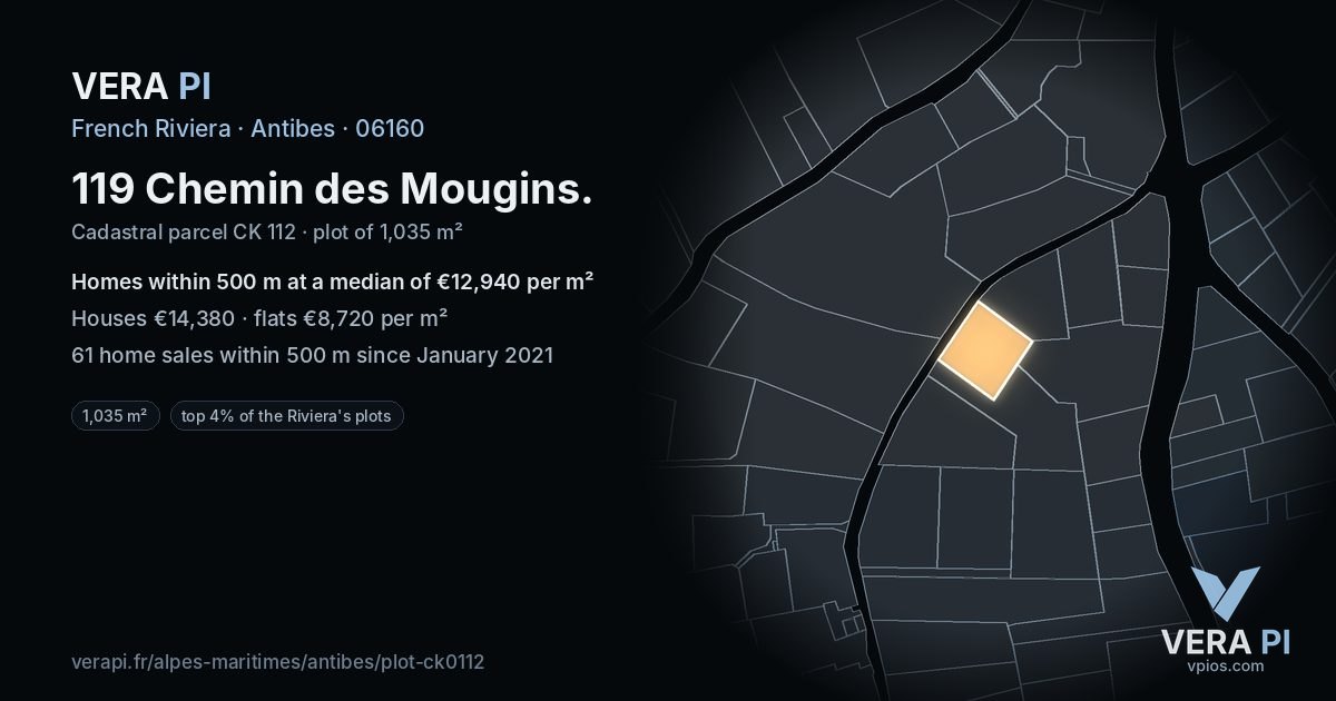 119 Chemin des Mougins, Antibes at night – the plot lit, the parcels around coloured by the prices near them