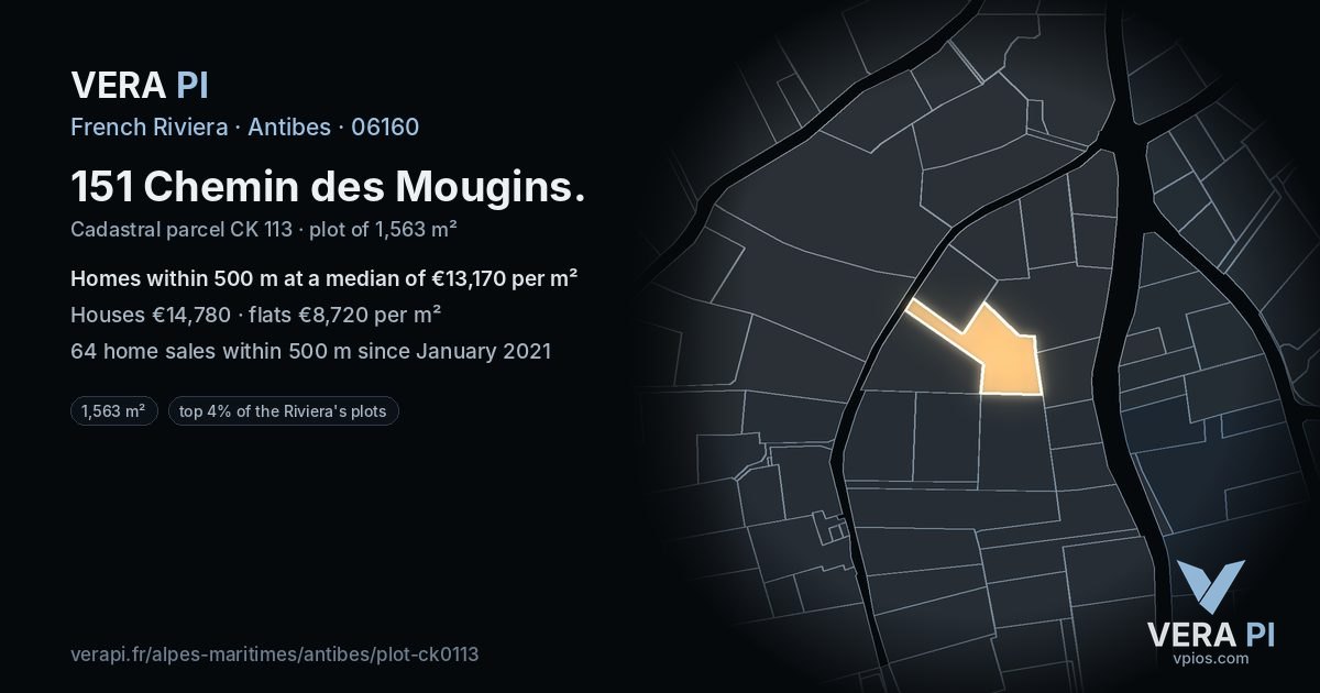 151 Chemin des Mougins, Antibes at night – the plot lit, the parcels around coloured by the prices near them