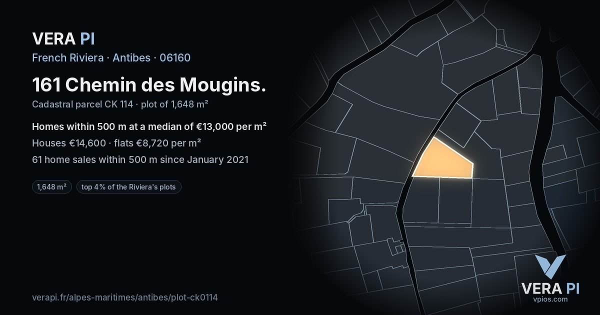 161 Chemin des Mougins, Antibes at night – the plot lit, the parcels around coloured by the prices near them