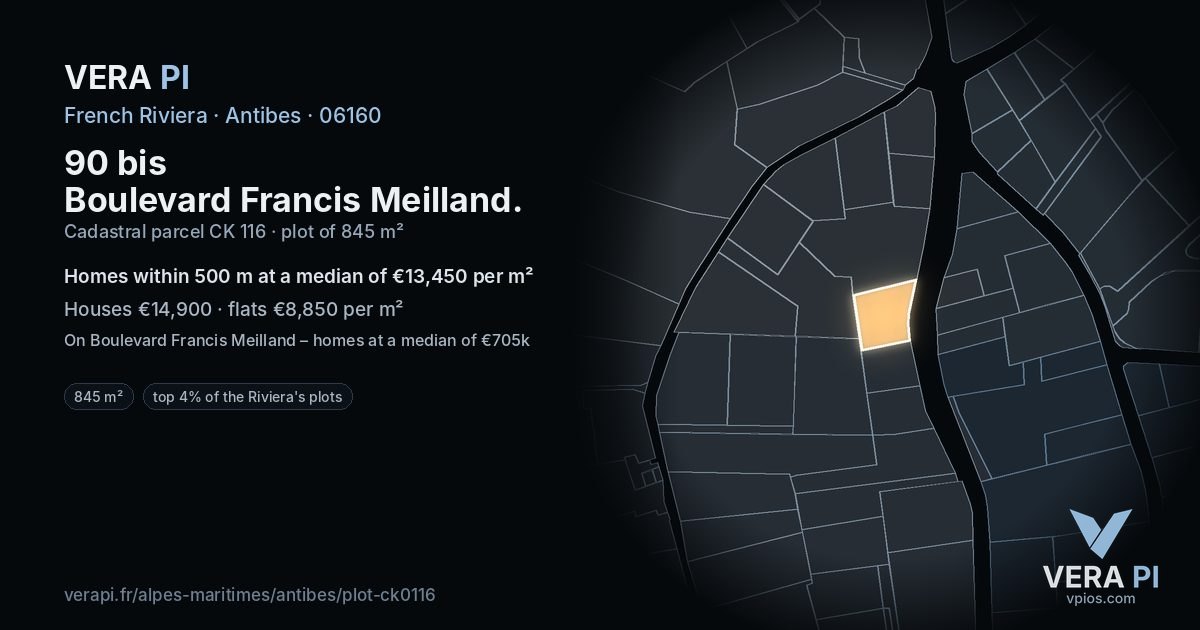 90 bis Boulevard Francis Meilland, Antibes at night – the plot lit, the parcels around coloured by the prices near them