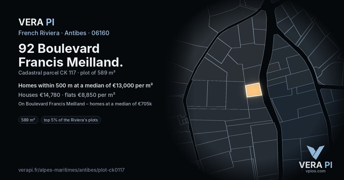 92 Boulevard Francis Meilland, Antibes at night – the plot lit, the parcels around coloured by the prices near them