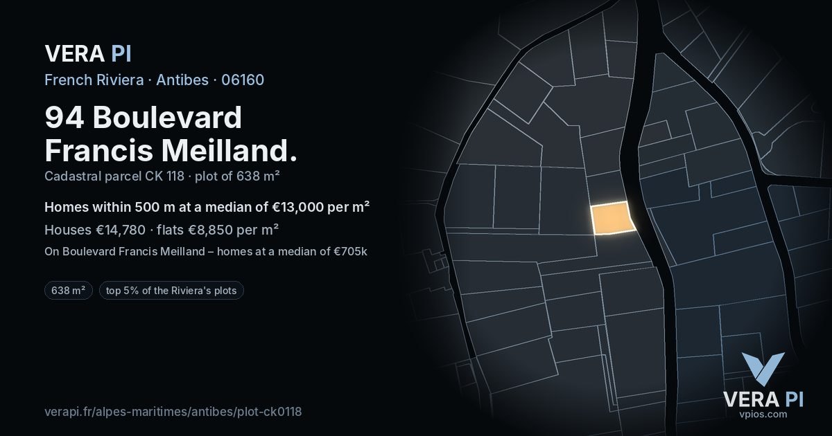 94 Boulevard Francis Meilland, Antibes at night – the plot lit, the parcels around coloured by the prices near them