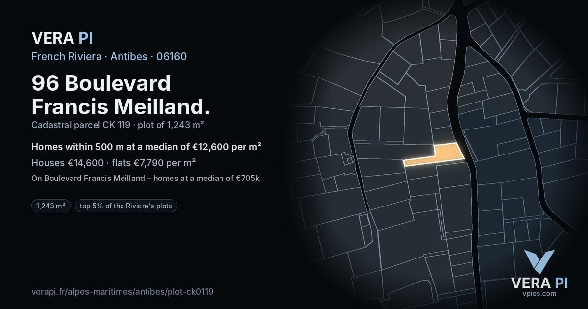 96 Boulevard Francis Meilland, Antibes at night – the plot lit, the parcels around coloured by the prices near them