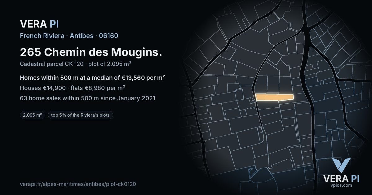 265 Chemin des Mougins, Antibes at night – the plot lit, the parcels around coloured by the prices near them