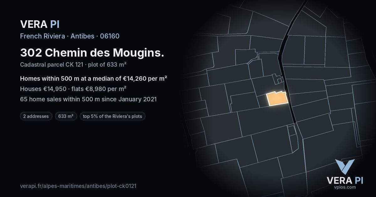 302 Chemin des Mougins, Antibes at night – the plot lit, the parcels around coloured by the prices near them