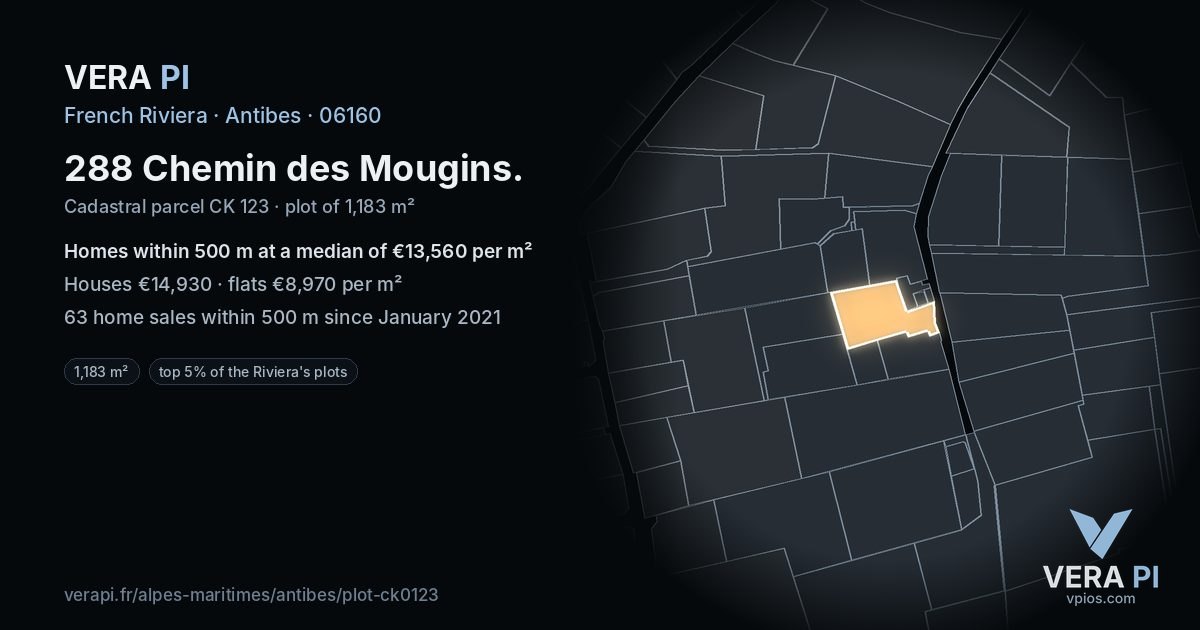 288 Chemin des Mougins, Antibes at night – the plot lit, the parcels around coloured by the prices near them