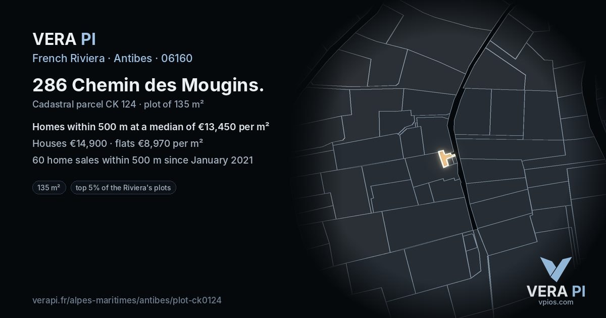 286 Chemin des Mougins, Antibes at night – the plot lit, the parcels around coloured by the prices near them