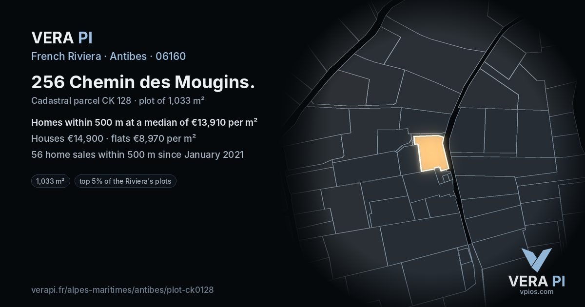 256 Chemin des Mougins, Antibes at night – the plot lit, the parcels around coloured by the prices near them