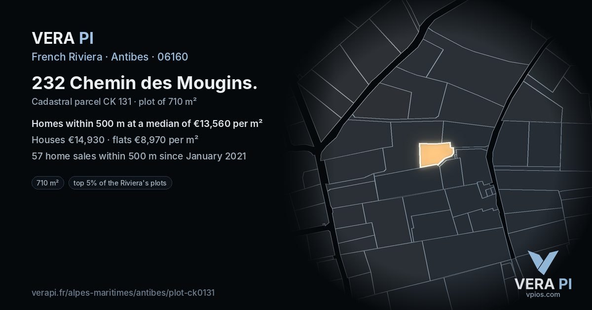 232 Chemin des Mougins, Antibes at night – the plot lit, the parcels around coloured by the prices near them