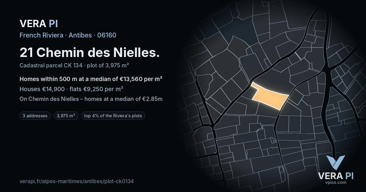 21 Chemin des Nielles, Antibes at night – the plot lit, the parcels around coloured by the prices near them