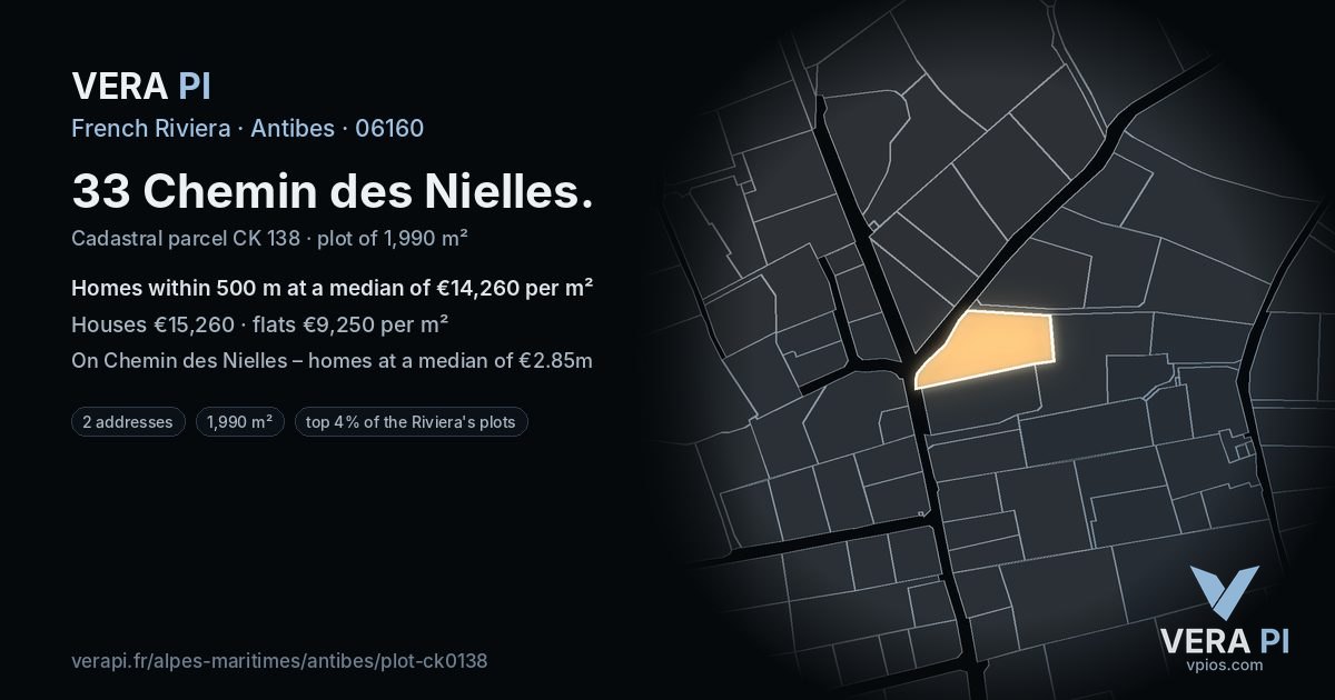 33 Chemin des Nielles, Antibes at night – the plot lit, the parcels around coloured by the prices near them