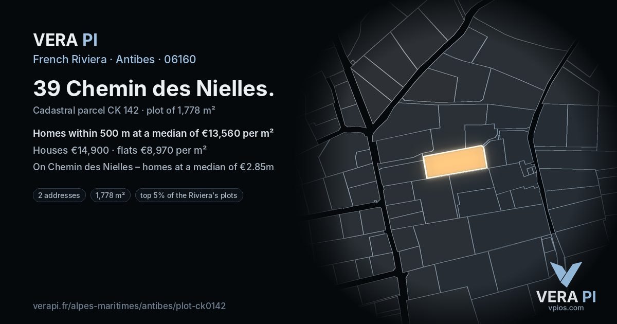 39 Chemin des Nielles, Antibes at night – the plot lit, the parcels around coloured by the prices near them