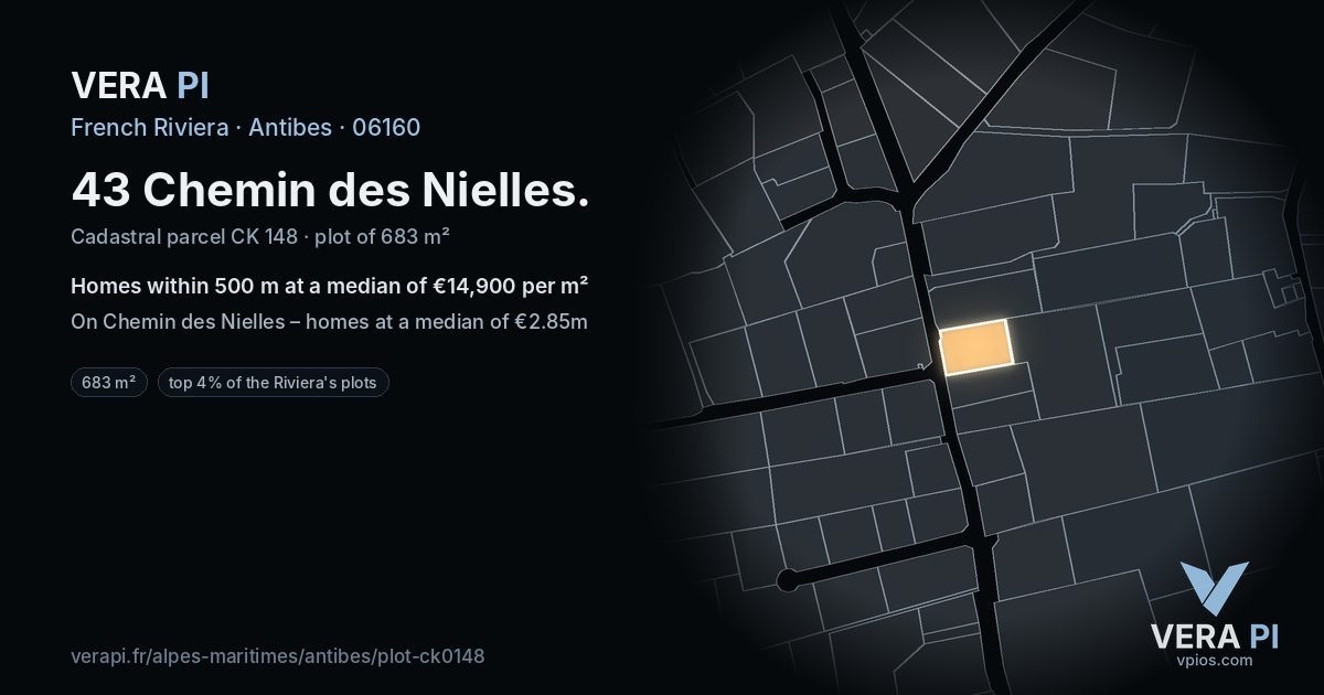 43 Chemin des Nielles, Antibes at night – the plot lit, the parcels around coloured by the prices near them