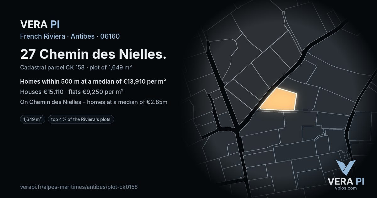 27 Chemin des Nielles, Antibes at night – the plot lit, the parcels around coloured by the prices near them