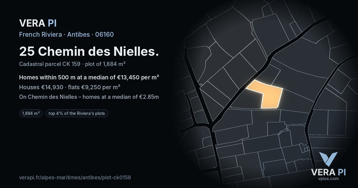 25 Chemin des Nielles, Antibes at night – the plot lit, the parcels around coloured by the prices near them