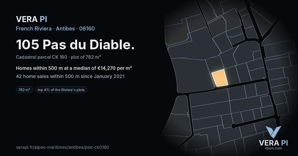 105 Pas du Diable, Antibes at night – the plot lit, the parcels around coloured by the prices near them