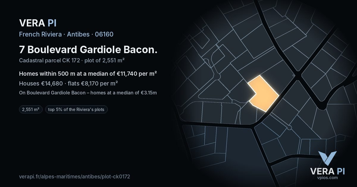 7 Boulevard Gardiole Bacon, Antibes at night – the plot lit, the parcels around coloured by the prices near them
