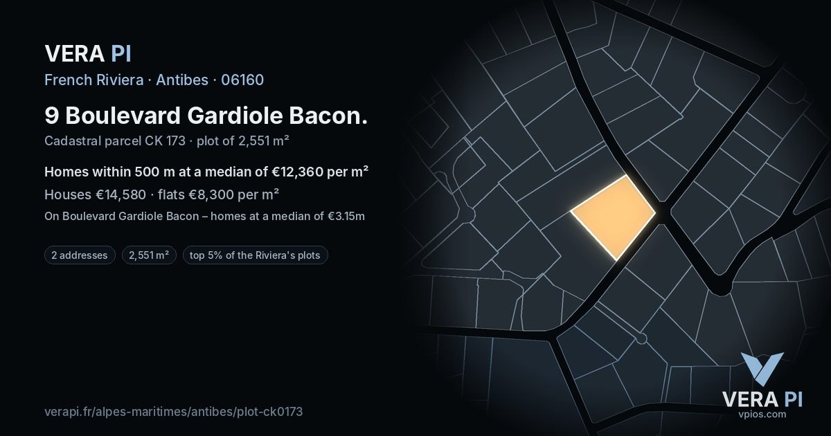 9 Boulevard Gardiole Bacon, Antibes at night – the plot lit, the parcels around coloured by the prices near them