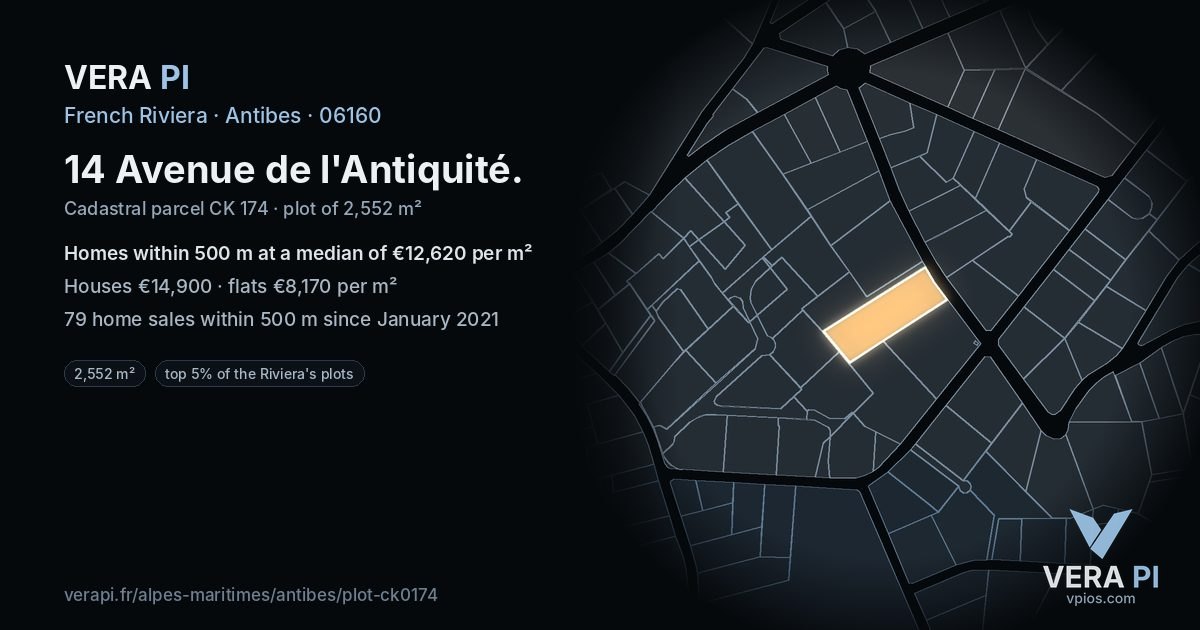 14 Avenue de l'Antiquité, Antibes at night – the plot lit, the parcels around coloured by the prices near them