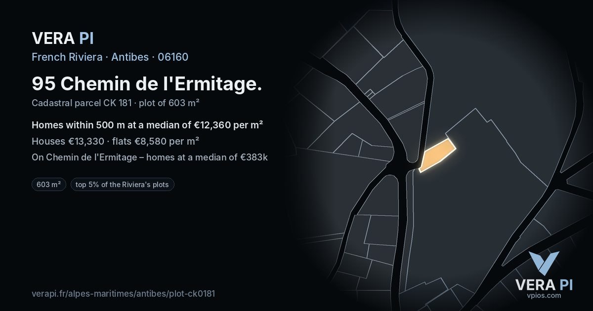 95 Chemin de l'Ermitage, Antibes at night – the plot lit, the parcels around coloured by the prices near them