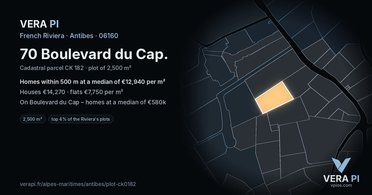 70 Boulevard du Cap, Antibes at night – the plot lit, the parcels around coloured by the prices near them