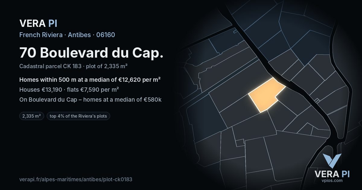 70 Boulevard du Cap, Antibes at night – the plot lit, the parcels around coloured by the prices near them