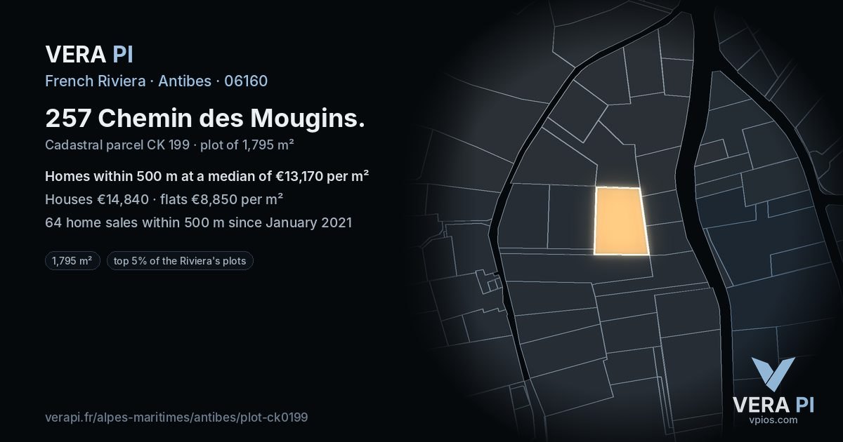 257 Chemin des Mougins, Antibes at night – the plot lit, the parcels around coloured by the prices near them