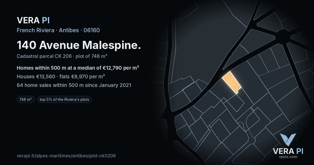 140 Avenue Malespine, Antibes at night – the plot lit, the parcels around coloured by the prices near them