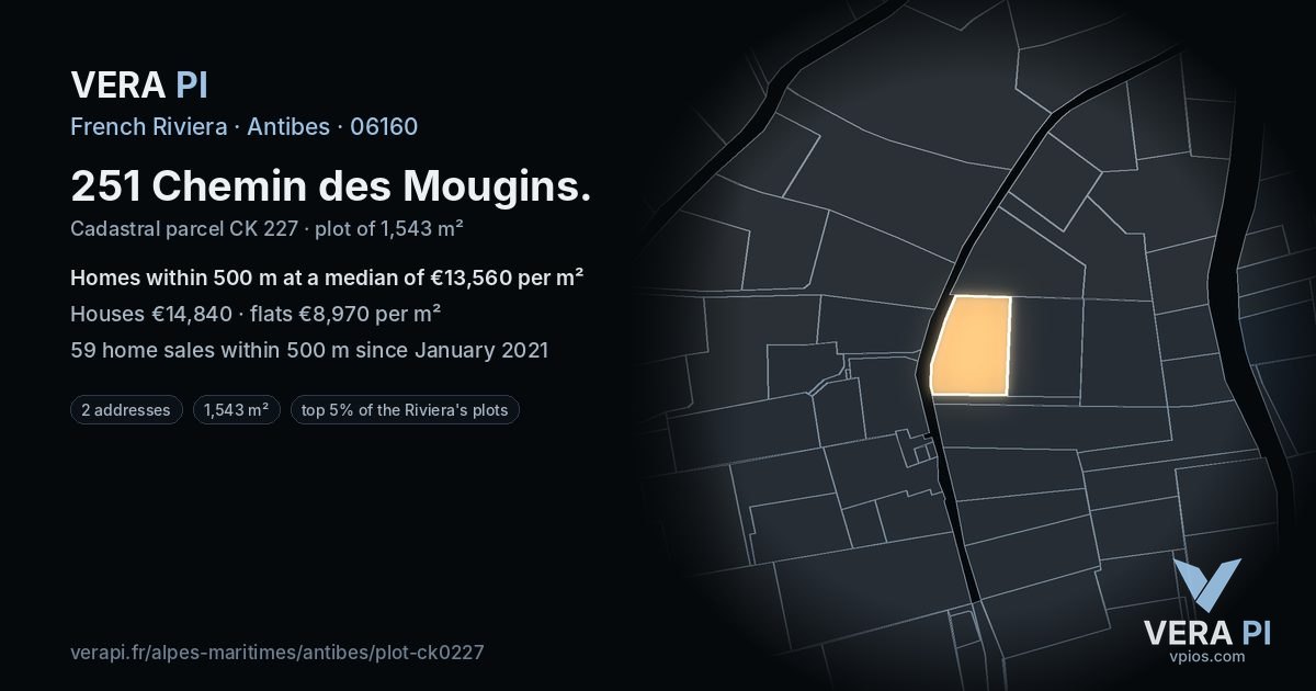 251 Chemin des Mougins, Antibes at night – the plot lit, the parcels around coloured by the prices near them