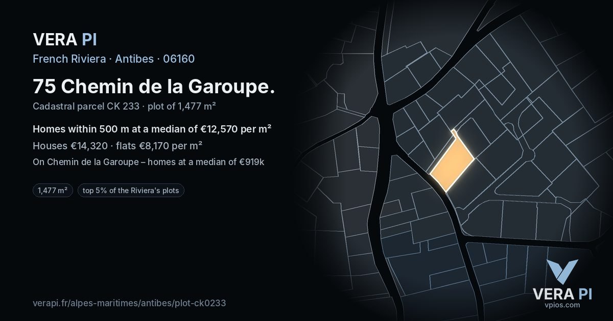 75 Chemin de la Garoupe, Antibes at night – the plot lit, the parcels around coloured by the prices near them