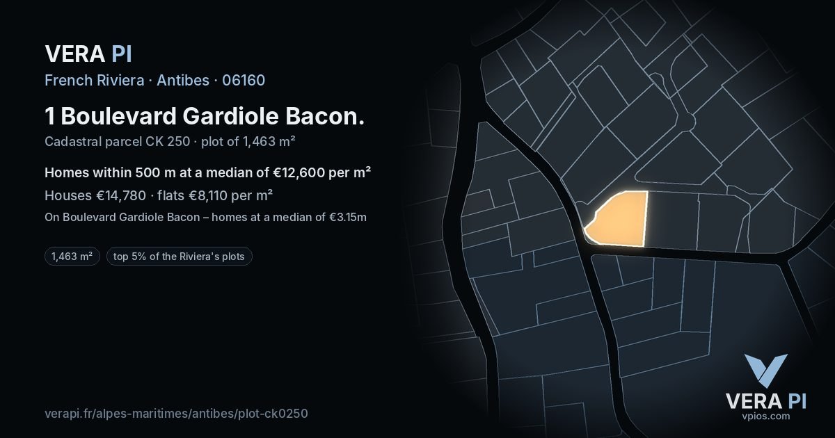 1 Boulevard Gardiole Bacon, Antibes at night – the plot lit, the parcels around coloured by the prices near them