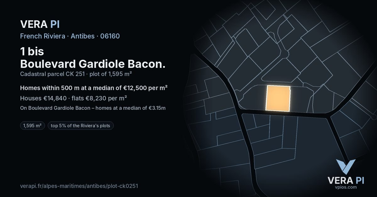 1 bis Boulevard Gardiole Bacon, Antibes at night – the plot lit, the parcels around coloured by the prices near them