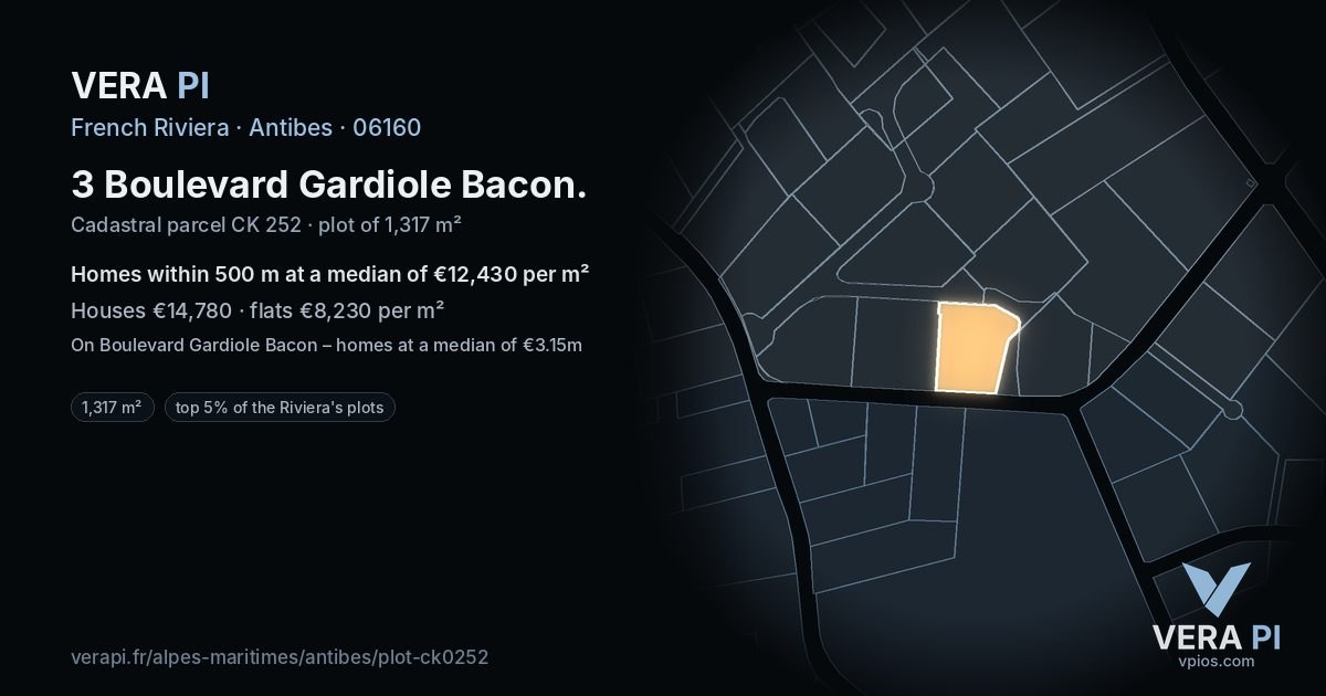 3 Boulevard Gardiole Bacon, Antibes at night – the plot lit, the parcels around coloured by the prices near them