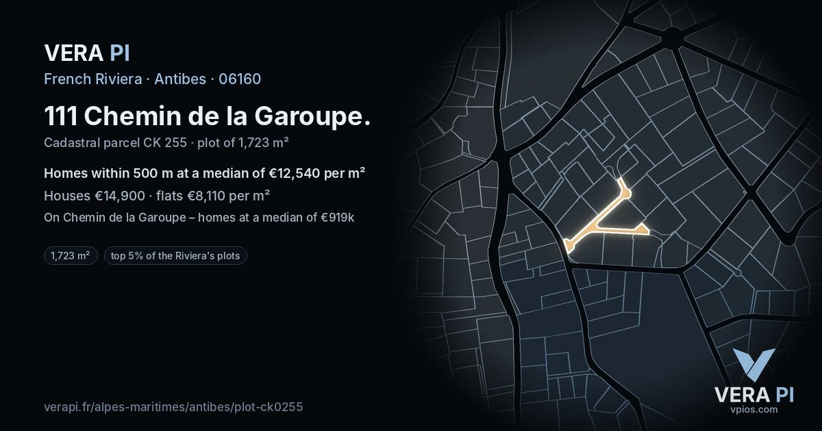 111 Chemin de la Garoupe, Antibes at night – the plot lit, the parcels around coloured by the prices near them