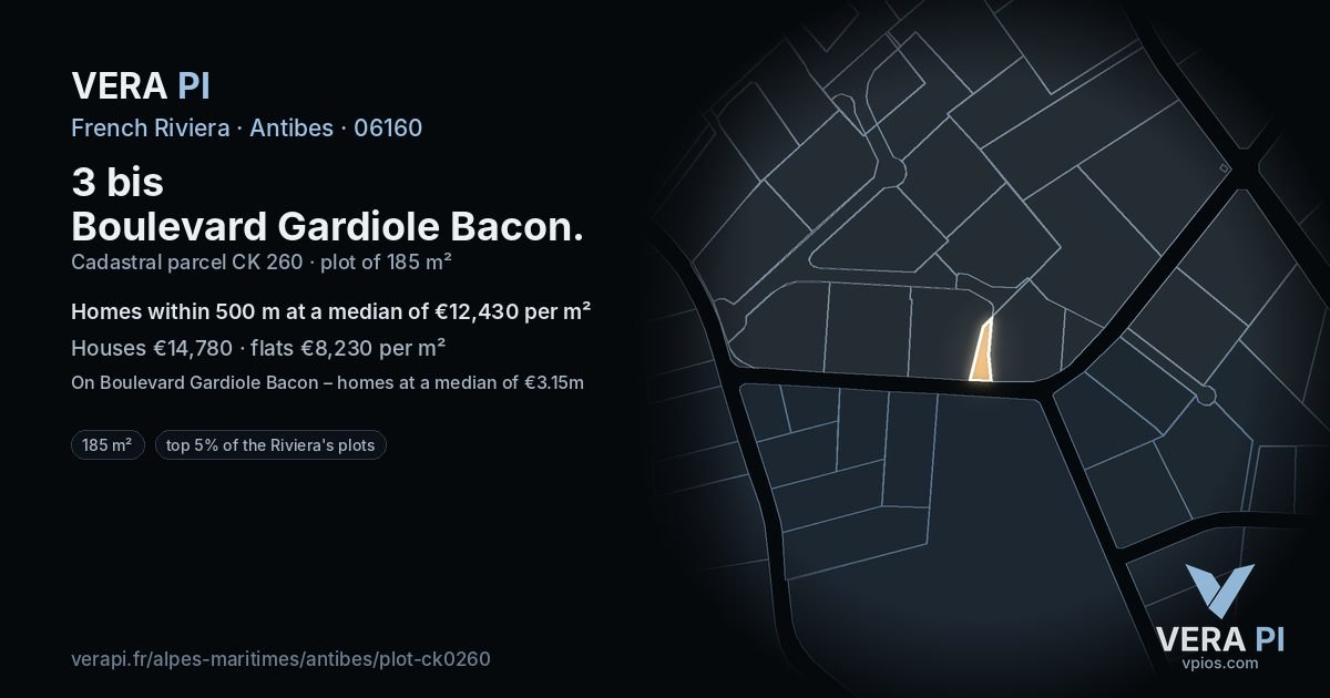 3 bis Boulevard Gardiole Bacon, Antibes at night – the plot lit, the parcels around coloured by the prices near them