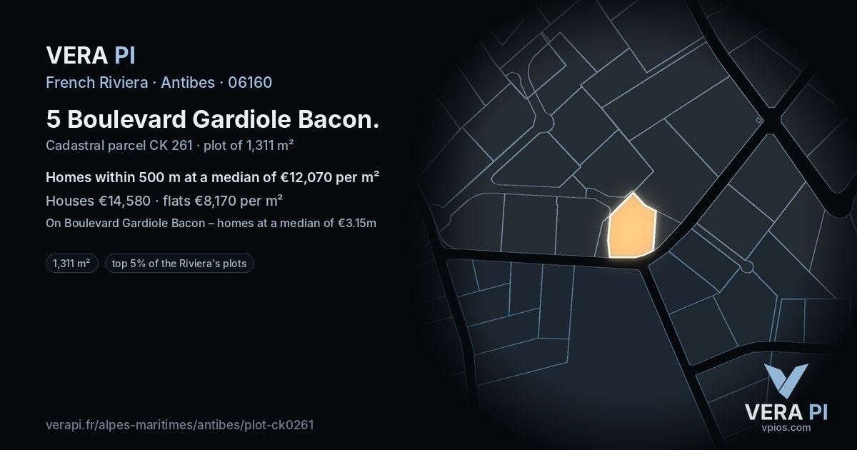 5 Boulevard Gardiole Bacon, Antibes at night – the plot lit, the parcels around coloured by the prices near them
