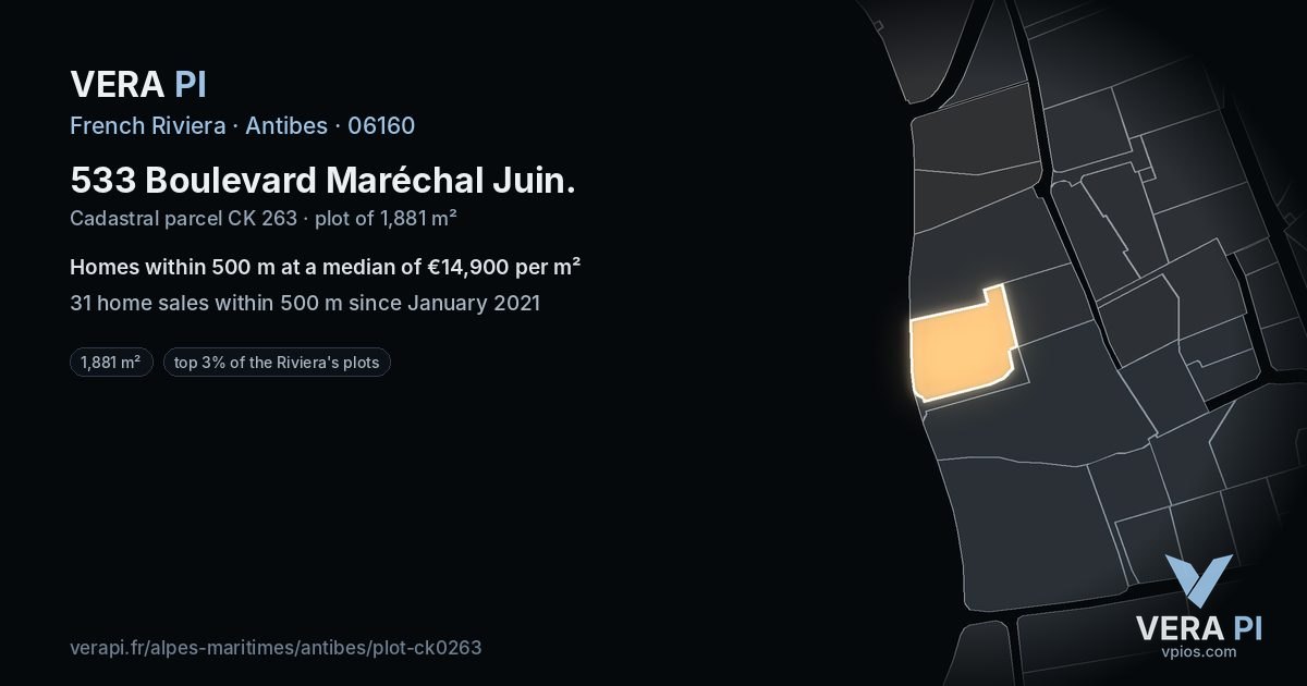 533 Boulevard Maréchal Juin, Antibes at night – the plot lit, the parcels around coloured by the prices near them