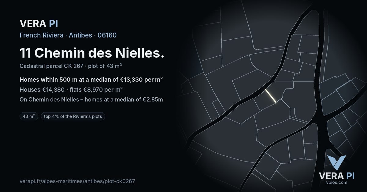 11 Chemin des Nielles, Antibes at night – the plot lit, the parcels around coloured by the prices near them