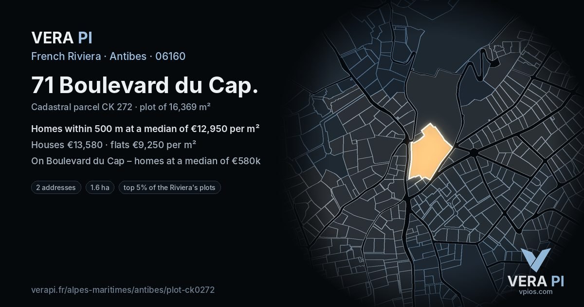 71 Boulevard du Cap, Antibes at night – the plot lit, the parcels around coloured by the prices near them