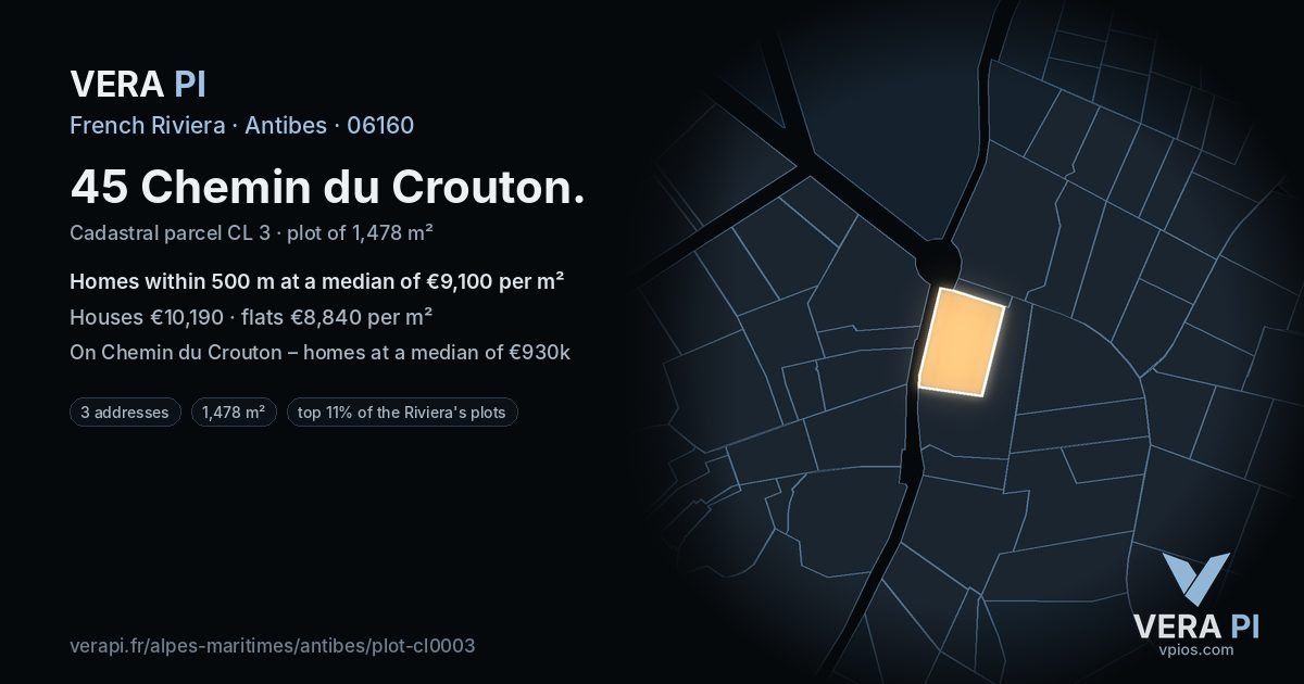 45 Chemin du Crouton, Antibes at night – the plot lit, the parcels around coloured by the prices near them