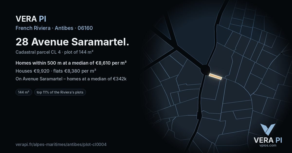 28 Avenue Saramartel, Antibes at night – the plot lit, the parcels around coloured by the prices near them