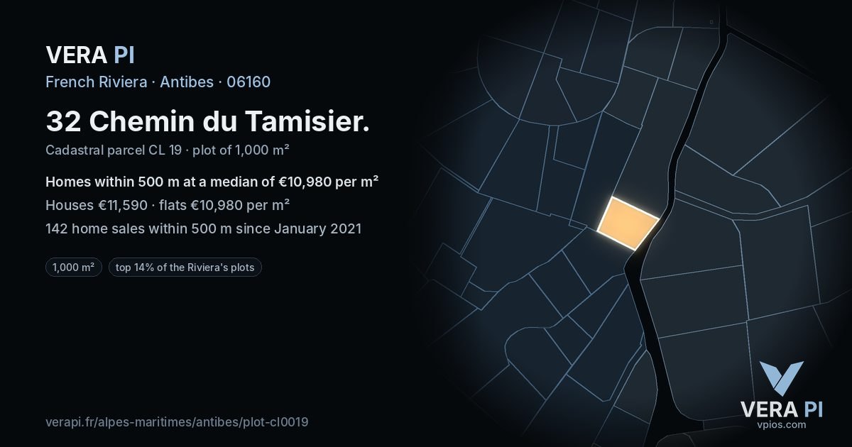 32 Chemin du Tamisier, Antibes at night – the plot lit, the parcels around coloured by the prices near them
