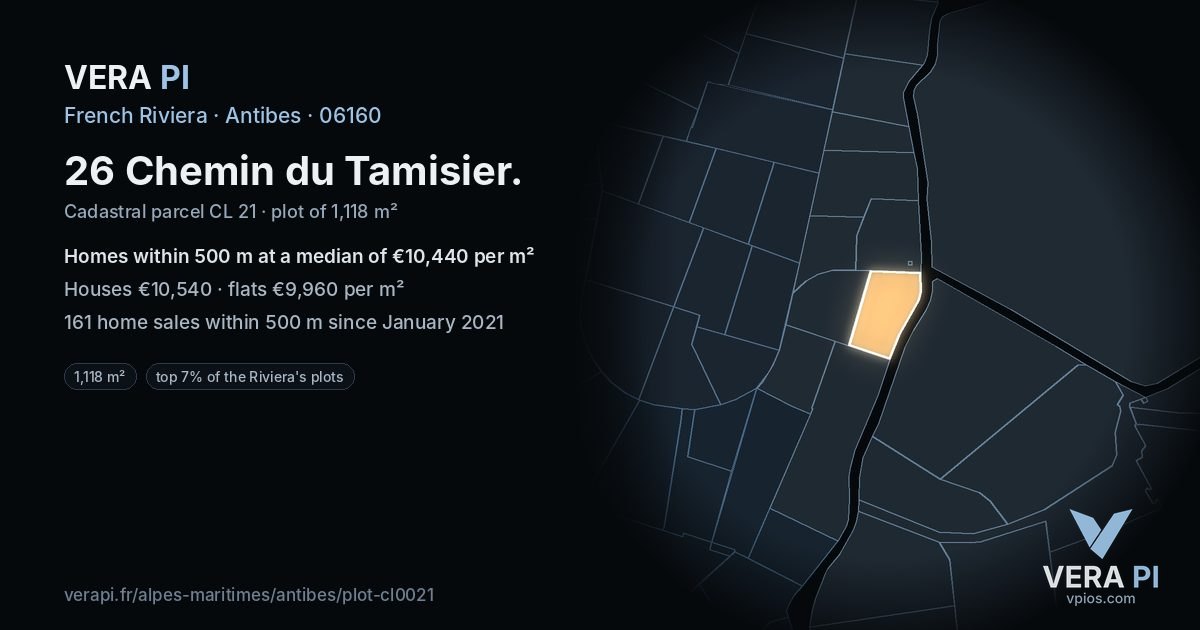 26 Chemin du Tamisier, Antibes at night – the plot lit, the parcels around coloured by the prices near them
